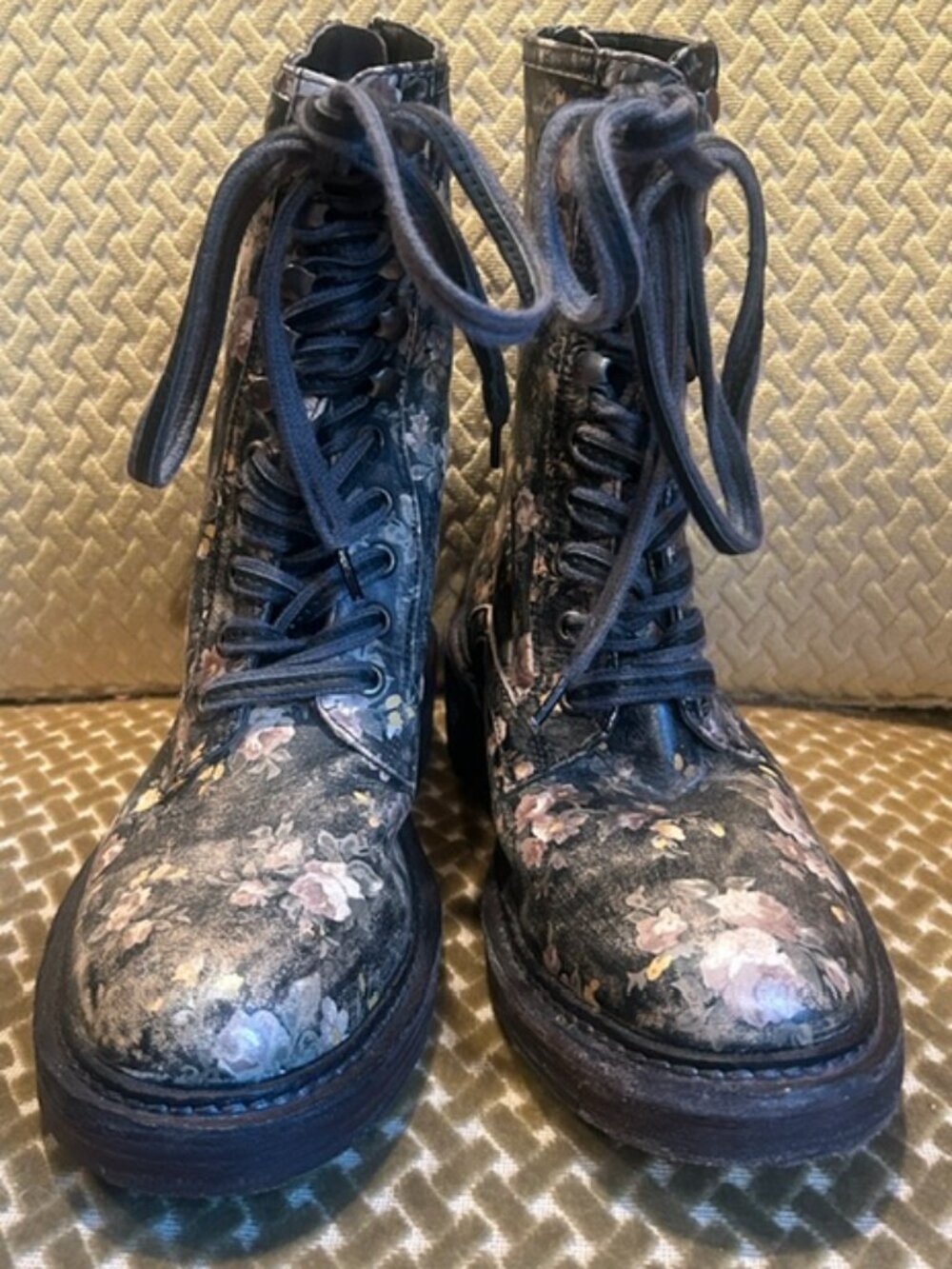 Free People Santa Fe Lace Up Black Combo Distressed Floral Leather Boots